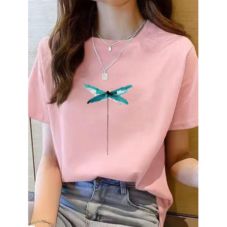 T-shirt libellule de couleur rose avec impression aquarelle libéllule verte
