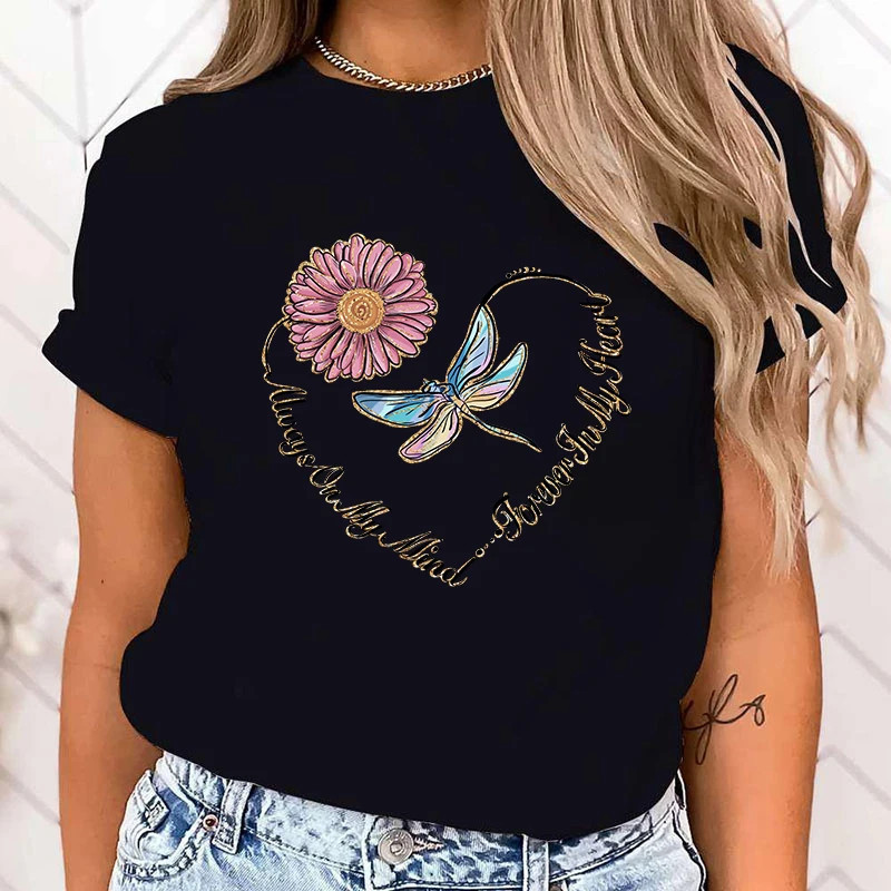 T-shirt libéllule avec impression fleur et libellule en forme de coeur couleur Noir
