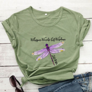T-shirt libéllule avec citation inspirante et libellule couleur Vert olive