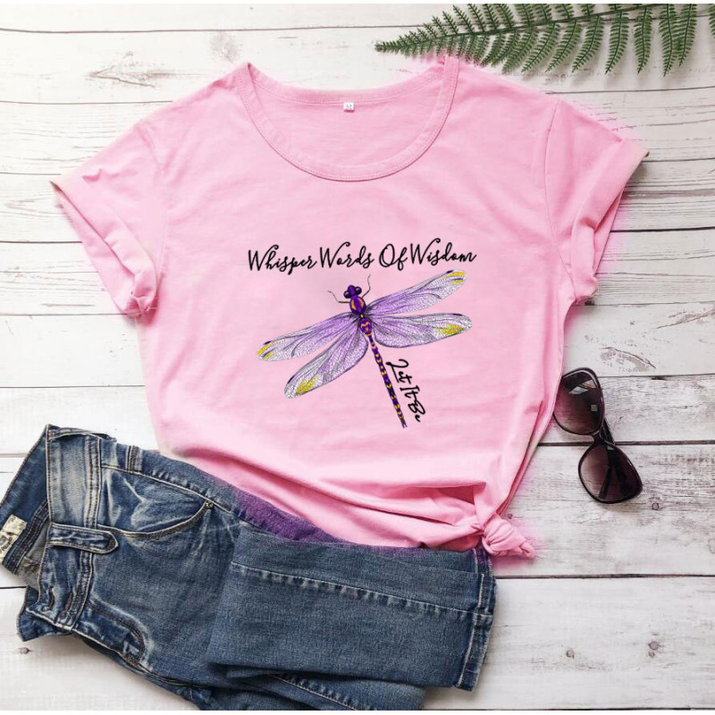 T-shirt libéllule avec citation inspirante et libellule couleur Rose