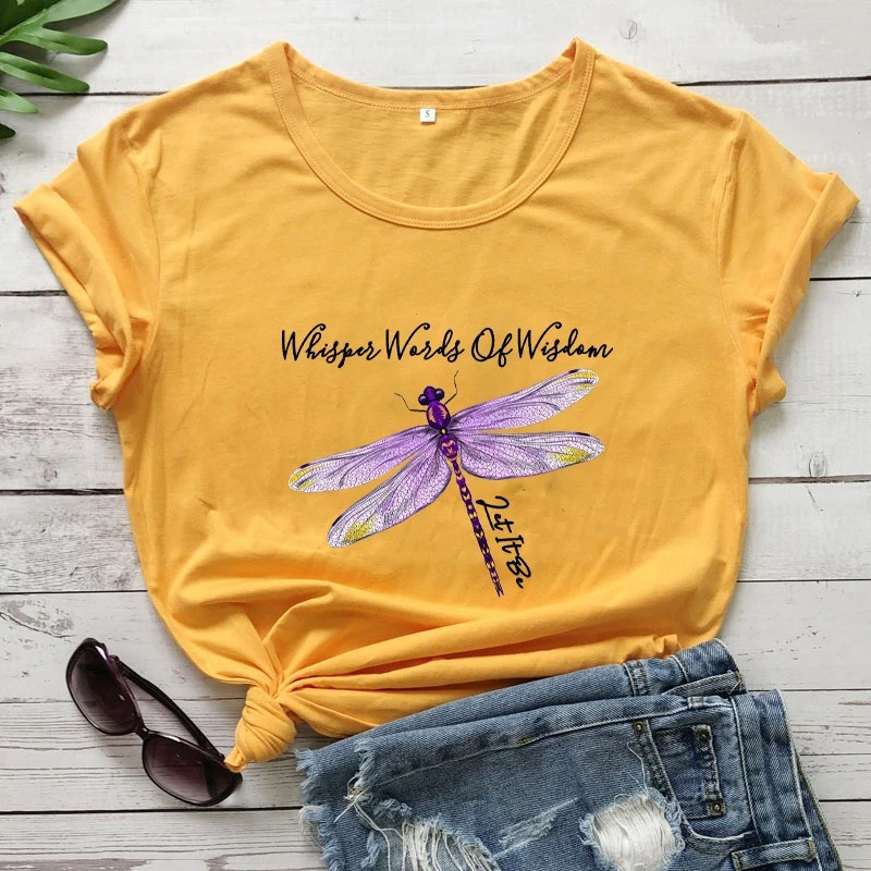 T-shirt libéllule avec citation inspirante et libellule couleur Jaune