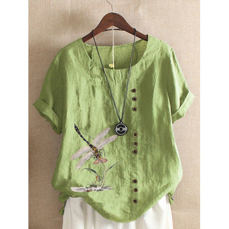 Grand T-shirt libéllule avec grandes libéllules tunique en coton et lin couleur Vert