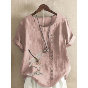 Grand T-shirt libéllule avec grandes libéllules tunique en coton et lin couleur Rose
