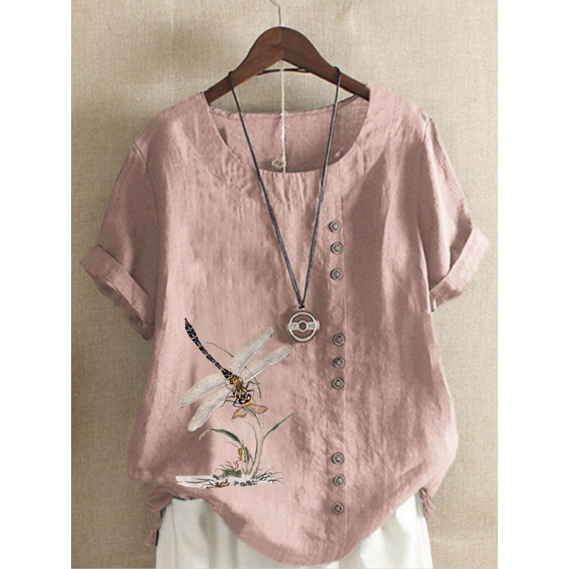 Grand T-shirt libéllule avec grandes libéllules tunique en coton et lin couleur Rose