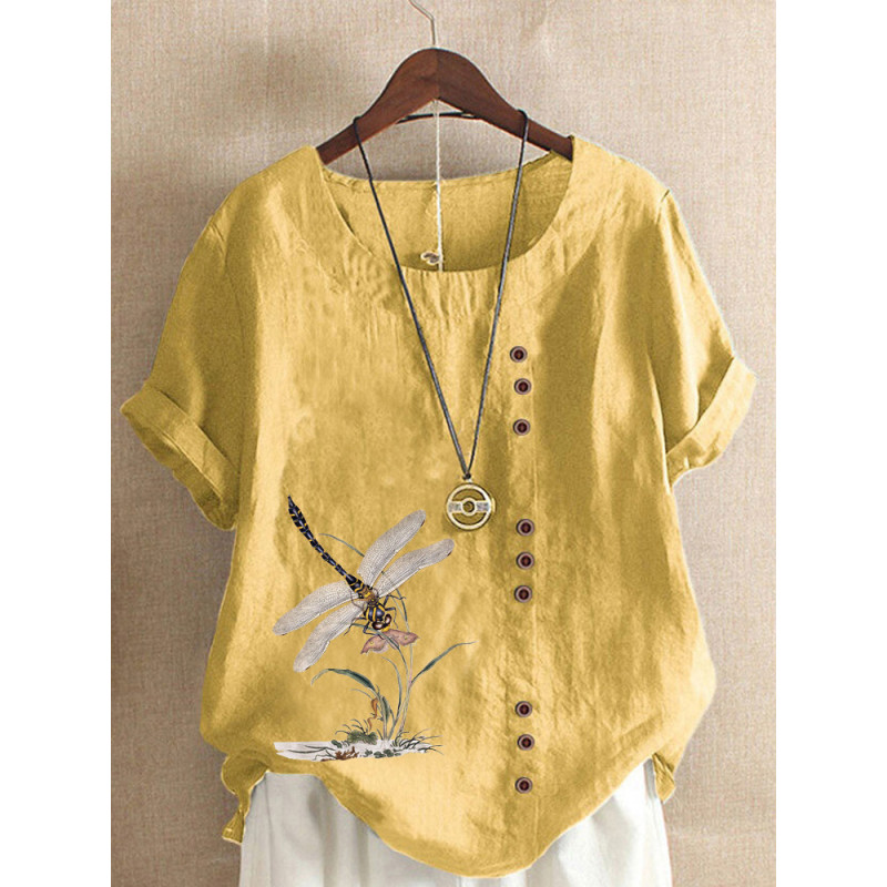 Grand T-shirt libéllule avec grandes libéllules tunique en coton et lin couleur jaune