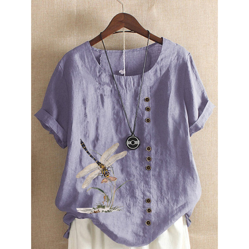 Grand T-shirt libéllule avec grandes libéllules tunique en coton et lin couleur Violet