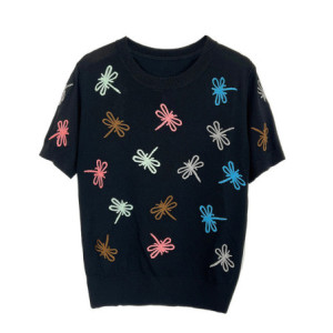 T-shirt libéllule arc-en-ciel pour femmes col rond crochet  couleur Noir