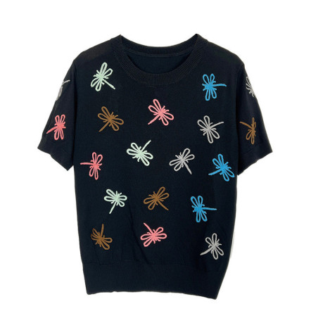T-shirt libéllule arc-en-ciel pour femmes col rond crochet  couleur Noir