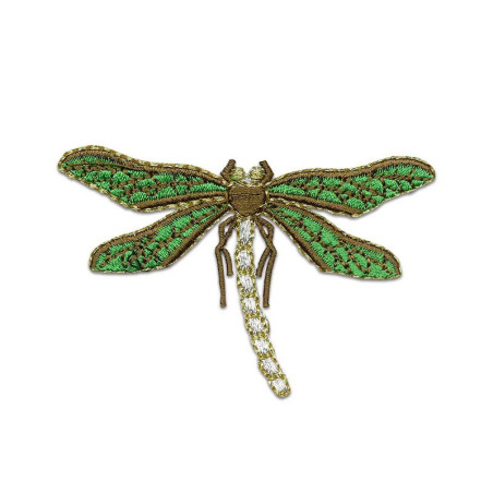 Patch brodé libéllule avec bord doré - 7.3cm x 4.6cm couleur Vert