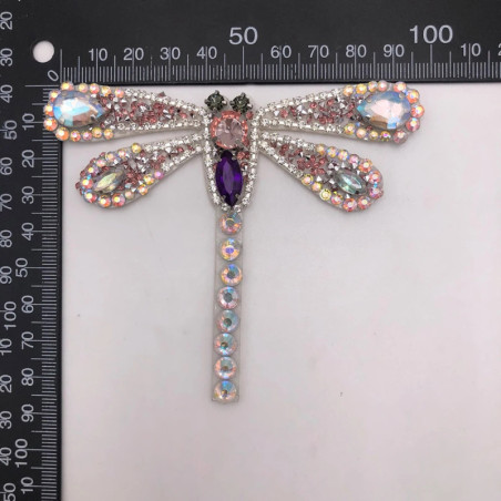 Patch libéllule colorée en strass - à coudre - 9.5cm x 9cm Couleur Argent