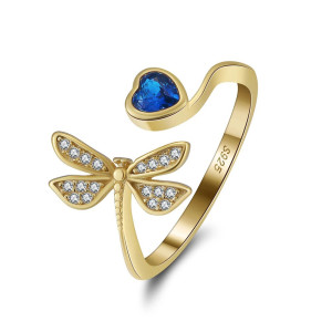 Bague Libéllule avec petit Coeur en Argent Sterling 925 véritable Couleur Or