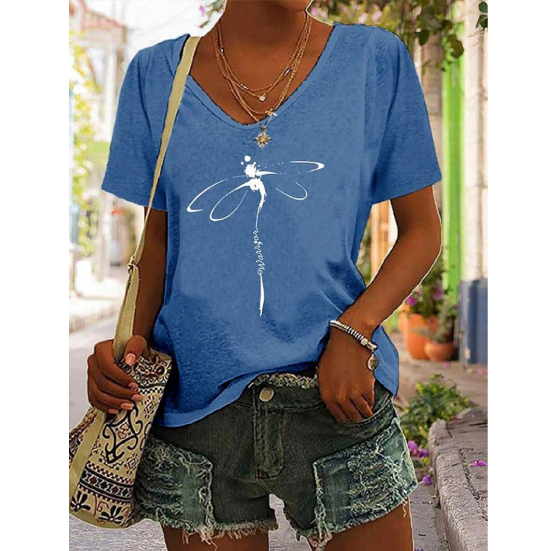 T-shirt avec impression libéllule Col V Couleur  Bleu