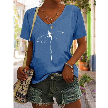 T-shirt avec impression libéllule Col V Couleur  Bleu