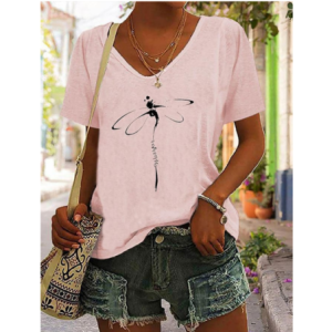 T-shirt avec impression libéllule Col V Couleur Rose