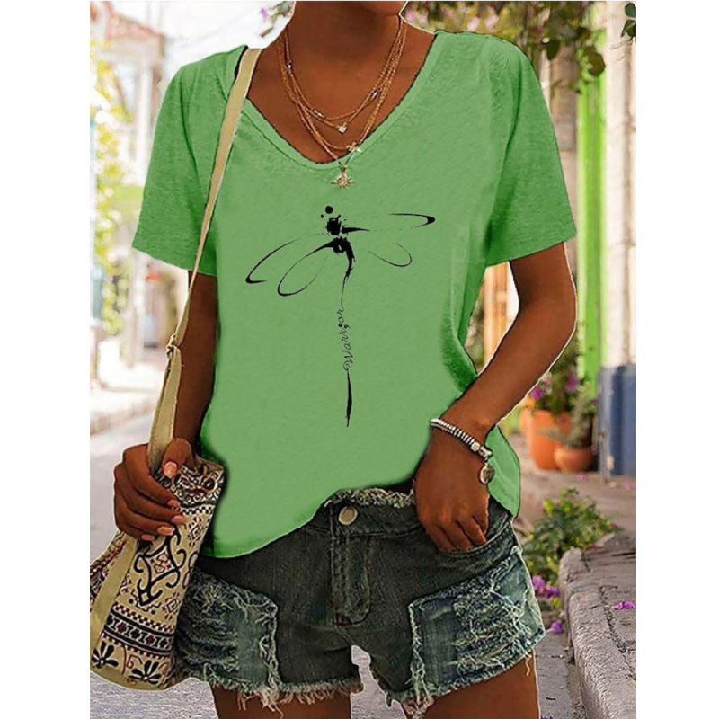 T-shirt avec impression libéllule Col V Couleur Vert