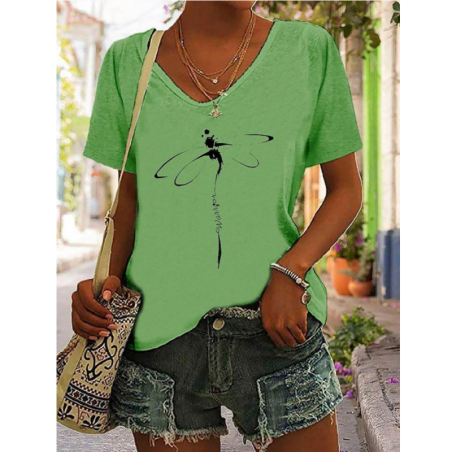 T-shirt avec impression libéllule Col V Couleur Vert