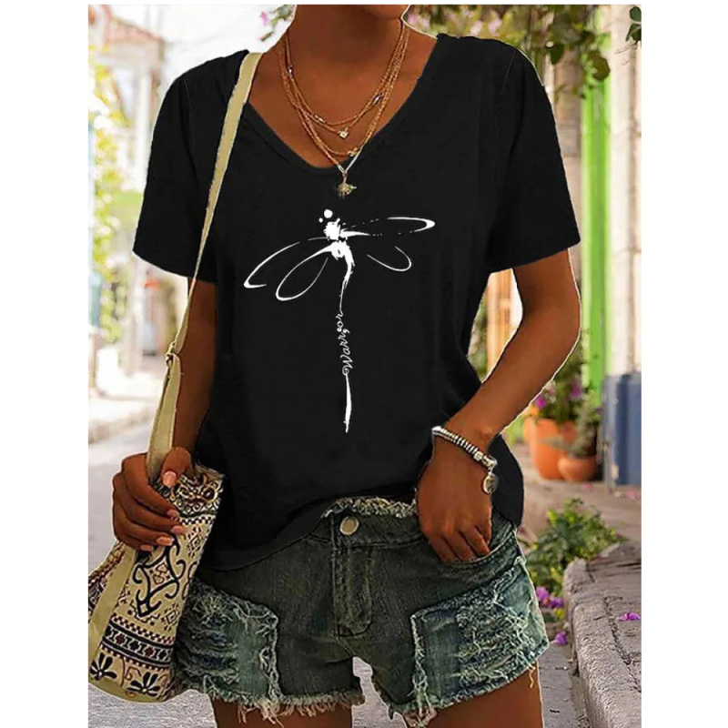 T-shirt avec impression libéllule Col V Couleur noir
