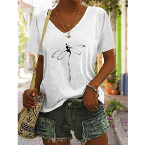 T-shirt avec impression libéllule Col V Couleur Blanc