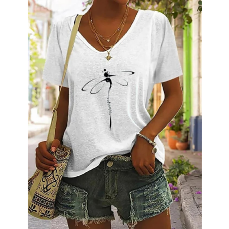 T-shirt avec impression libéllule Col V Couleur Blanc