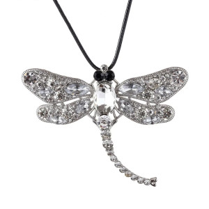 Collier Pendentif Libellule Mosaïque de Gemmes couleur Argent