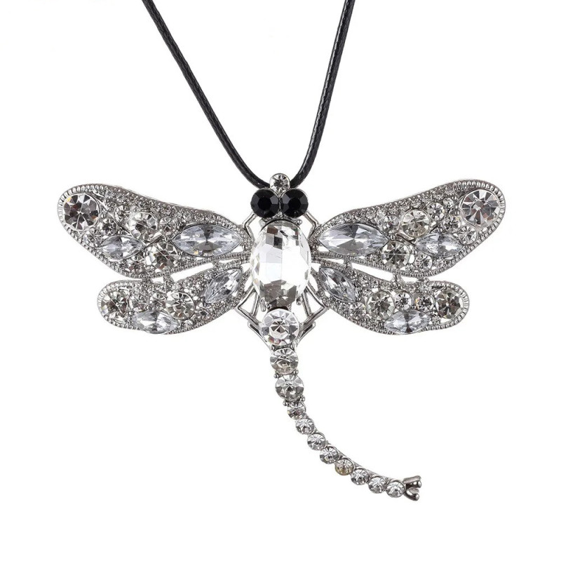 Collier Pendentif Libellule Mosaïque de Gemmes couleur Argent