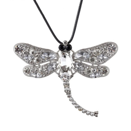 Collier Pendentif Libellule Mosaïque de Gemmes couleur Argent