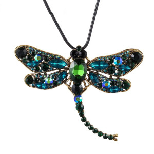 Collier Pendentif Libellule Mosaïque de Gemmes couleur Vert