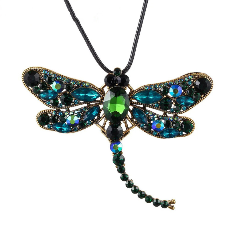 Collier Pendentif Libellule Mosaïque de Gemmes couleur Vert