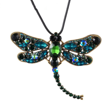 Collier Pendentif Libellule Mosaïque de Gemmes couleur Vert