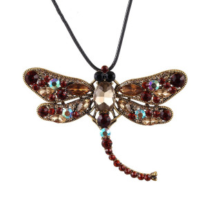 Collier Pendentif Libellule Mosaïque de Gemmes couleur Marron