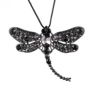Collier Pendentif Libellule Mosaïque de Gemmes couleur Noir