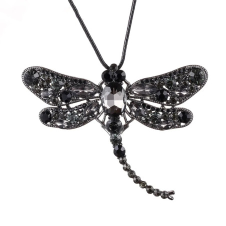 Collier Pendentif Libellule Mosaïque de Gemmes couleur Noir