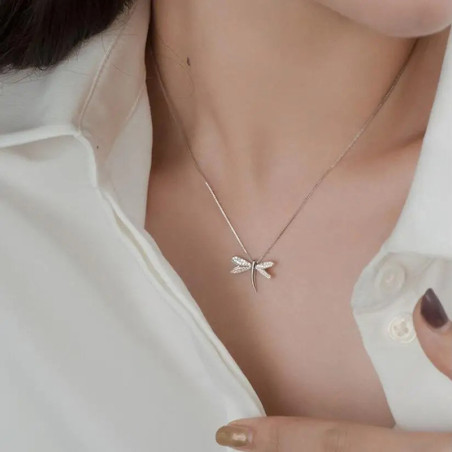 Collier Pendentif Libellule Scintillement Doré Couleur  Argent