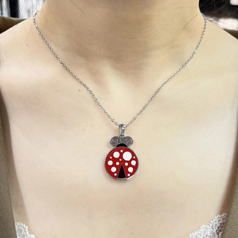 Collier Pendentif Coccinelle Porte-Bonheur - Cadeau Femme Fille, Acier Inoxydable, Chaîne 43+5 Cm