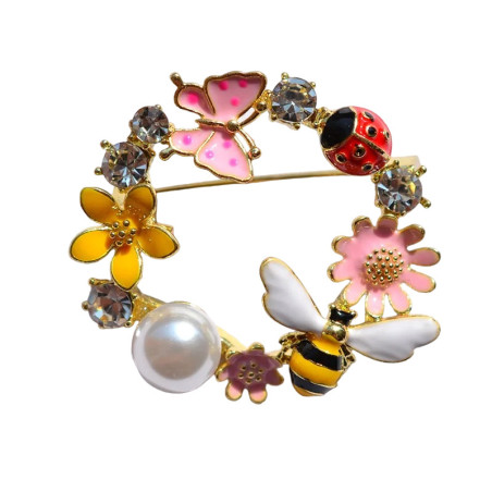 Broche Coccinelle, Papillon et Abeille sur Fleurs