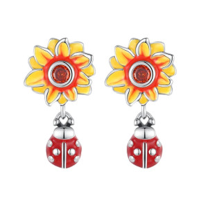 Boucles d'Oreilles Coccinelle Jardin Fleuri