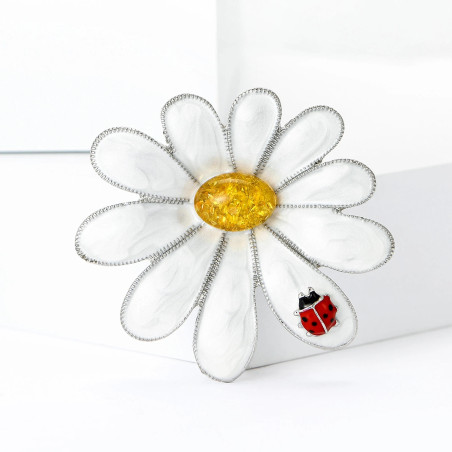 Broche Coccinelle et Grande Margueritte Rubis des Bois Couleur Argent