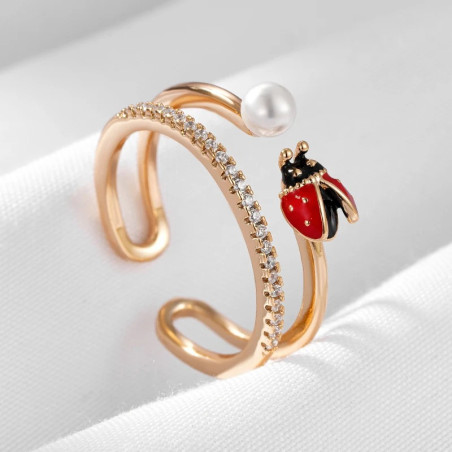 Câté gauche Bague Coccinelle Volante et Perle blanche Redimensionnable en or Rose 585