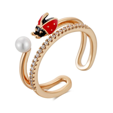 Vue détaillée Bague Coccinelle Volante et Perle blanche Redimensionnable en or Rose 585