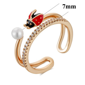 Dimensions Bague Coccinelle Volante et Perle blanche Redimensionnable en or Rose 585
