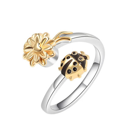 Bague Coccinelle Dorée et Fleur Rotative Redimensionnable