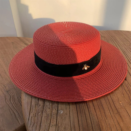 Chapeau de paille rétro tressé pour femme avec petite abeille Perle Blanche Couleur Rouge