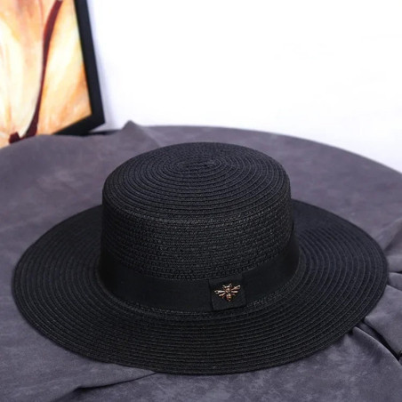 Chapeau de paille rétro chic tressé pour femme avec petite abeille Couleur Noir