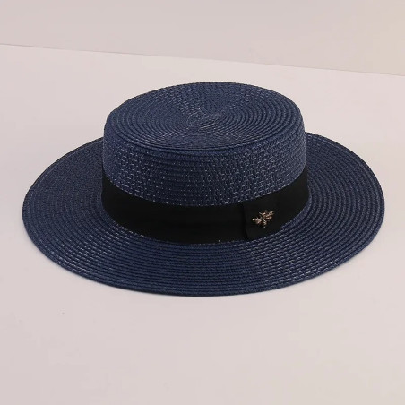 Chapeau de paille rétro chic tressé pour femme avec petite abeille Couleur Bleu Marine