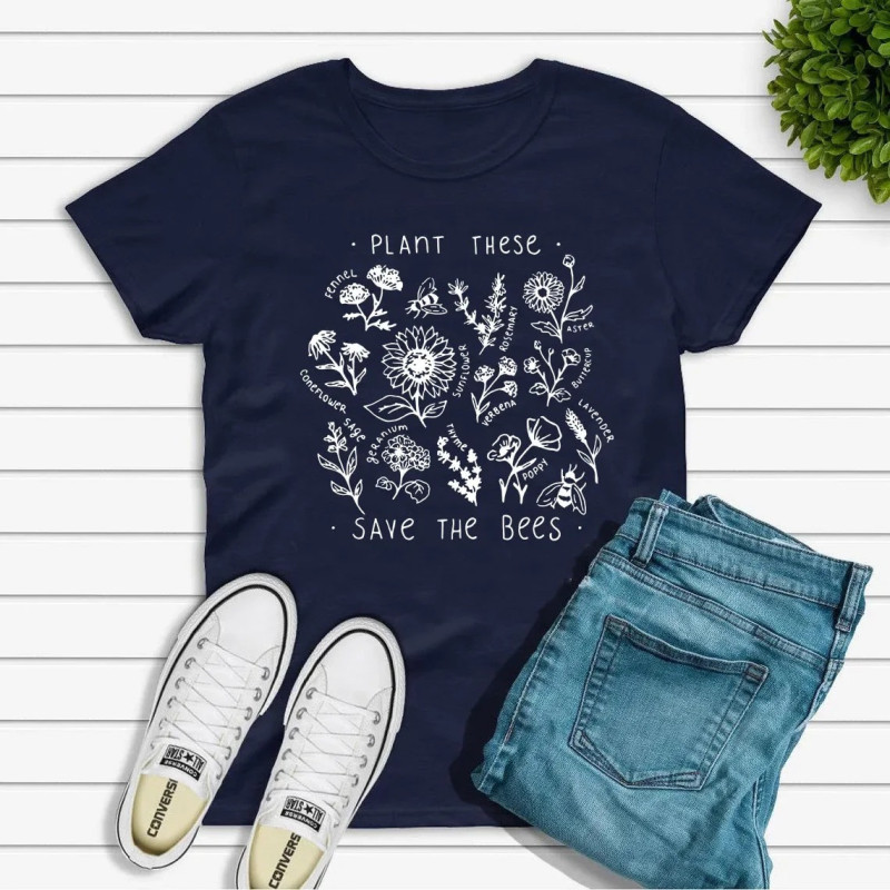 T-shirt femme Plant These ... Save the bees Couleur Bleu Marine