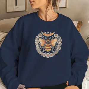 Sweat-shirt Abeille pour femme Abeille Marguerittes et Lune Mystique Couleur Bleu Marine