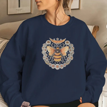Sweat-shirt Abeille pour femme Abeille Marguerittes et Lune Mystique Couleur Bleu Marine