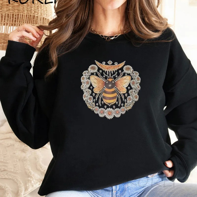 Sweat-shirt Abeille pour femme Abeille Marguerittes et Lune Mystique Couleur Noir
