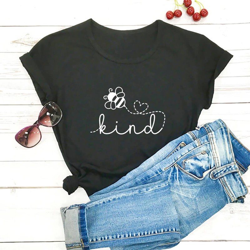 T-shirt manches courtes pour femmes, 100% coton Bee KIND noir