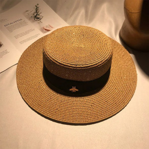 Chapeau de paille rétro tressé pour femme avec petite abeille Couleur Marron